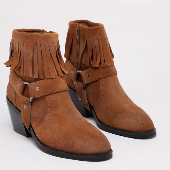 NEW Nasty Gal - Tarnished Suede Fringe Harness Ankle Cowboy boots Size 8 - Picture 4 of 5